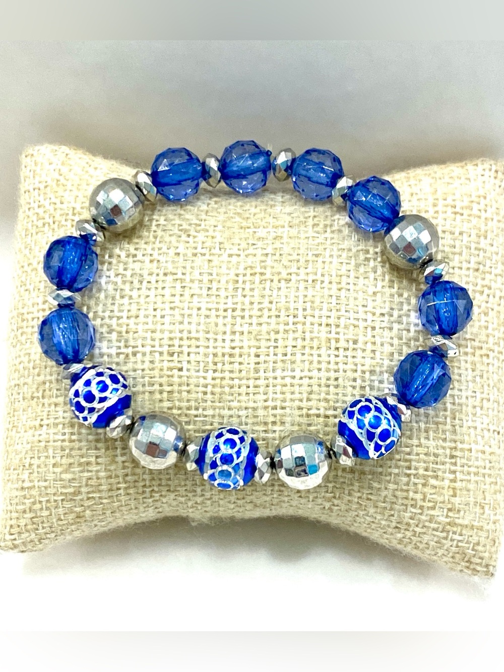 Vintage Silver Tone Cobalt Blue Faceted Glass Painted Lampwork Stretch Bracelet